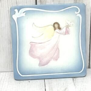 VTG Cottagecore Angel Tile Coasters Raised Ceramic Peace Dove Cork Back Set 4